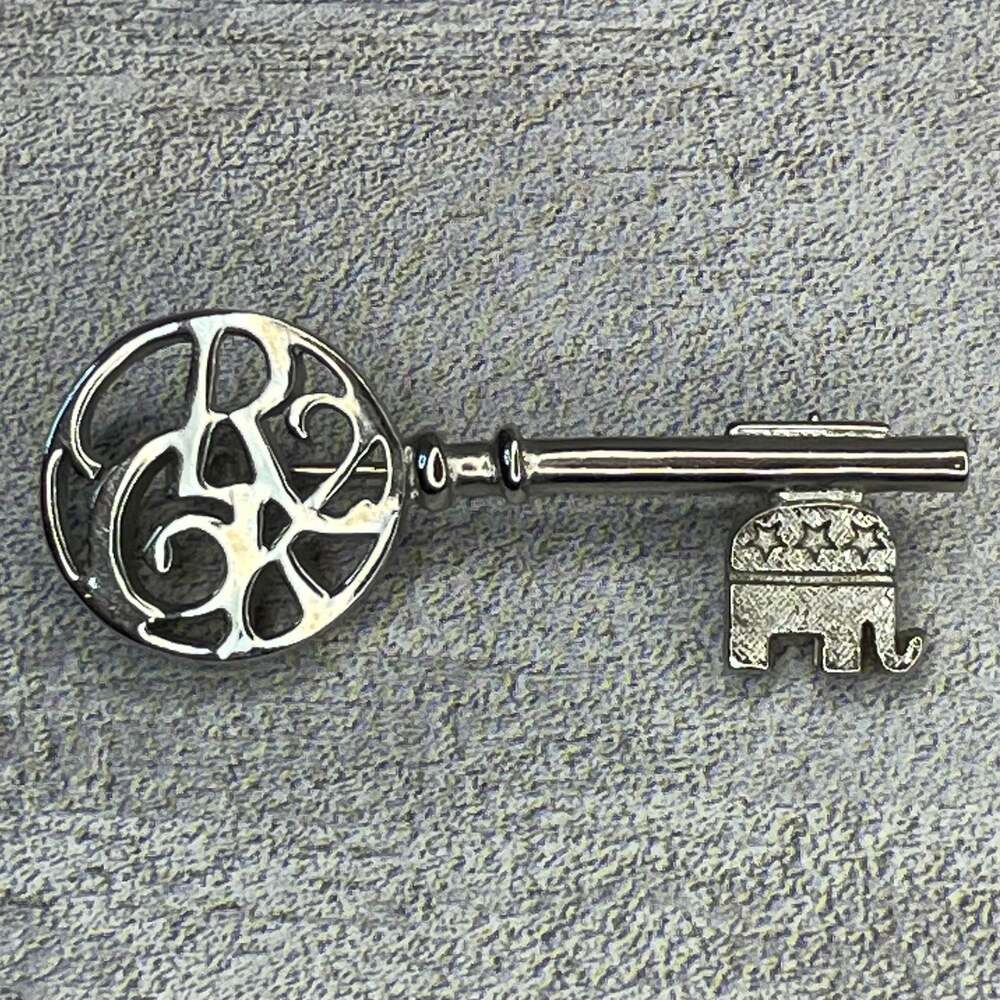 Vintage‎ GOP Elephant Key Shaped Pin, Silver Tone